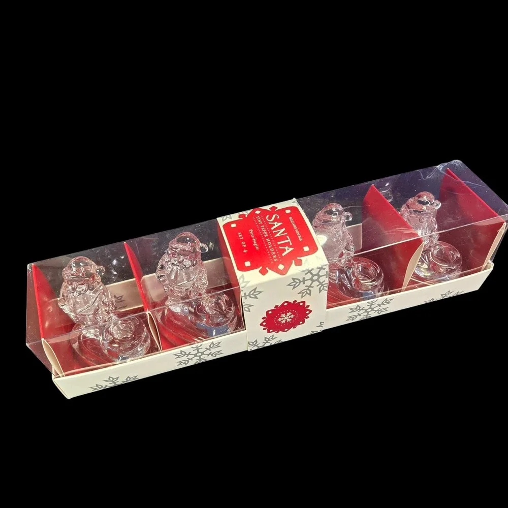 Williams Sonoma Santa Claus Tiny Taper Candle Holders Set of 4 Clear Glass READ